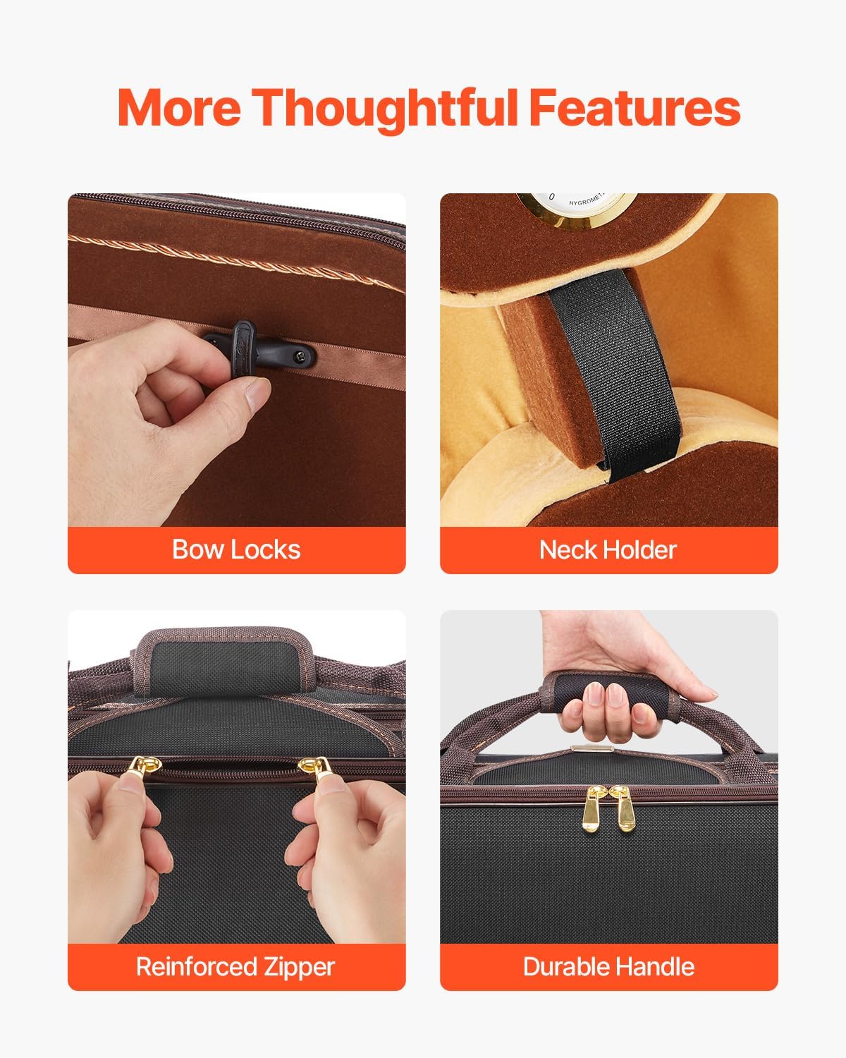 VEVOR 4/4 Full Size Violin Case, Built-in Hygrometer, Lightweight Portable Travel Carrying Bag, with Plush Lining, Shoulder Straps, Anti-Scratch, Professional Oblong Shape, for Violin, Black