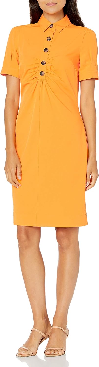 Lark & Ro Women's Florence Short Sleeve Collar Ruched Front Sheath Shirt Dress