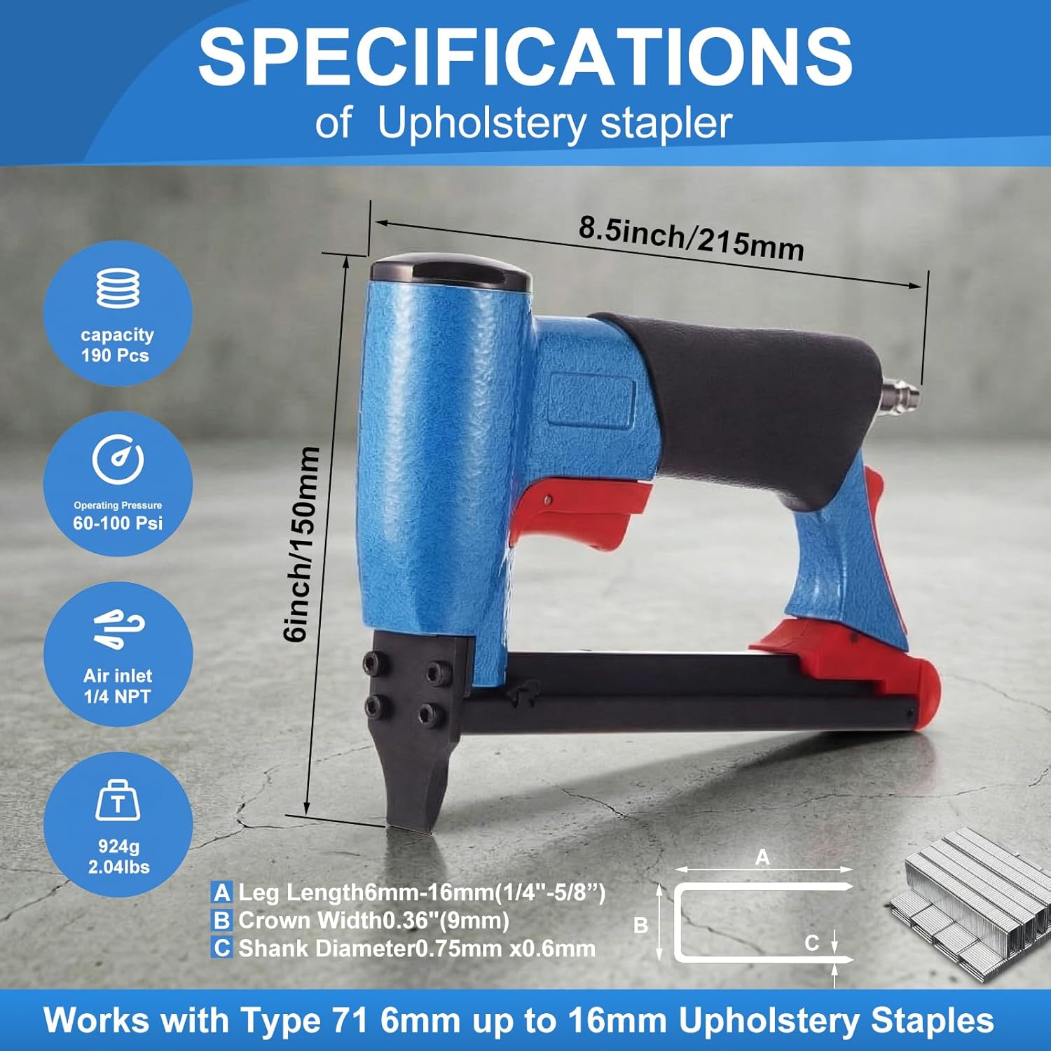 Pneumatic Upholstery Stapler, 22 Gauge Compatible with 71 Series Air Staple Gun (3/8" Crown), 1/4"-5/8" Length, 190-staple Magazine, 60-100 Psi, 1/4" Npt(Short)