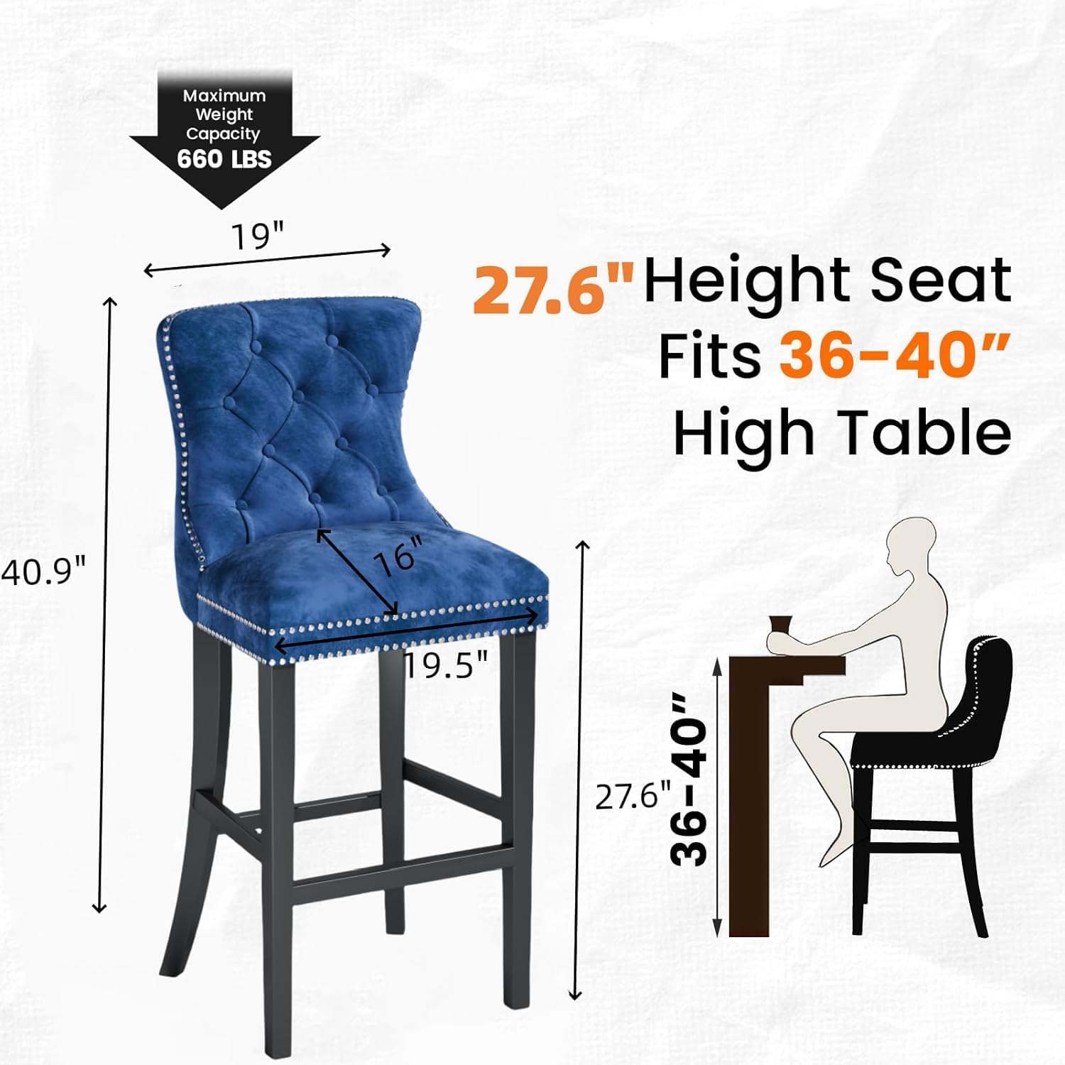 Recaceik Counter Height Bar Stools Set of 4,Modern Velvet Bar Stools with Back,Upholstered 27" H Barstools for Island Counter Stools with Rivet for Kitchen Counter,Home Bar,Dining Roomm(Blue)