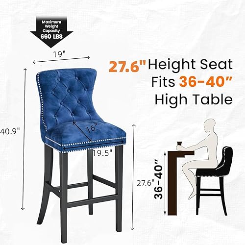 Miniatura 3 de Recaceik Juego de 2 taburetes de bar de terciopelo con altura de mostrador, taburetes de bar tapizados con respaldo, taburete de cocina de 27