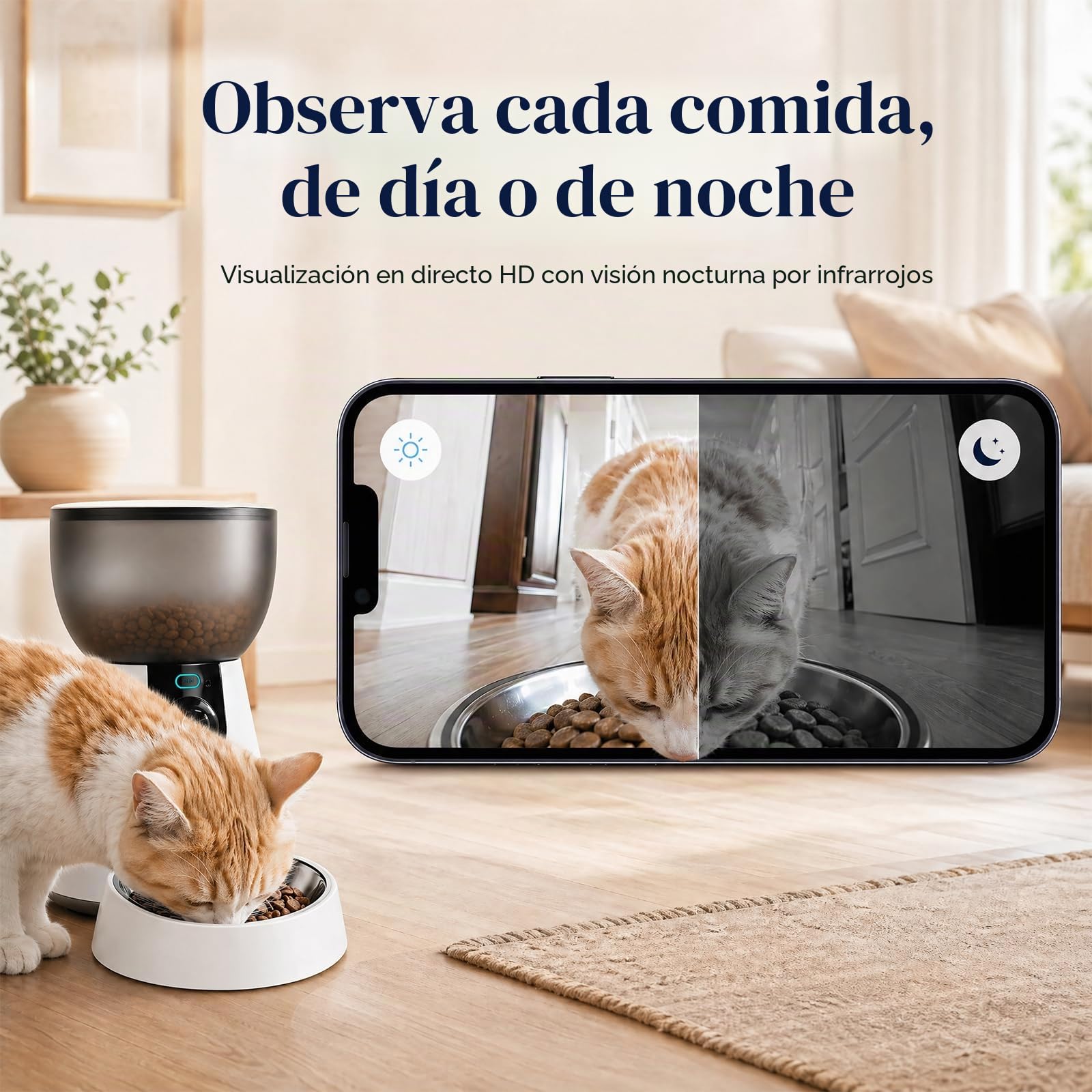 Podazz Comedero Gato Automático con Cámara 1080P, WiFi 5G/2.4G, Dispensador de Comida para Gatos y Perros 4L con App, Visión Nocturna, Audio Bidireccional, 10 Comidas al Día, Detección de Movimiento