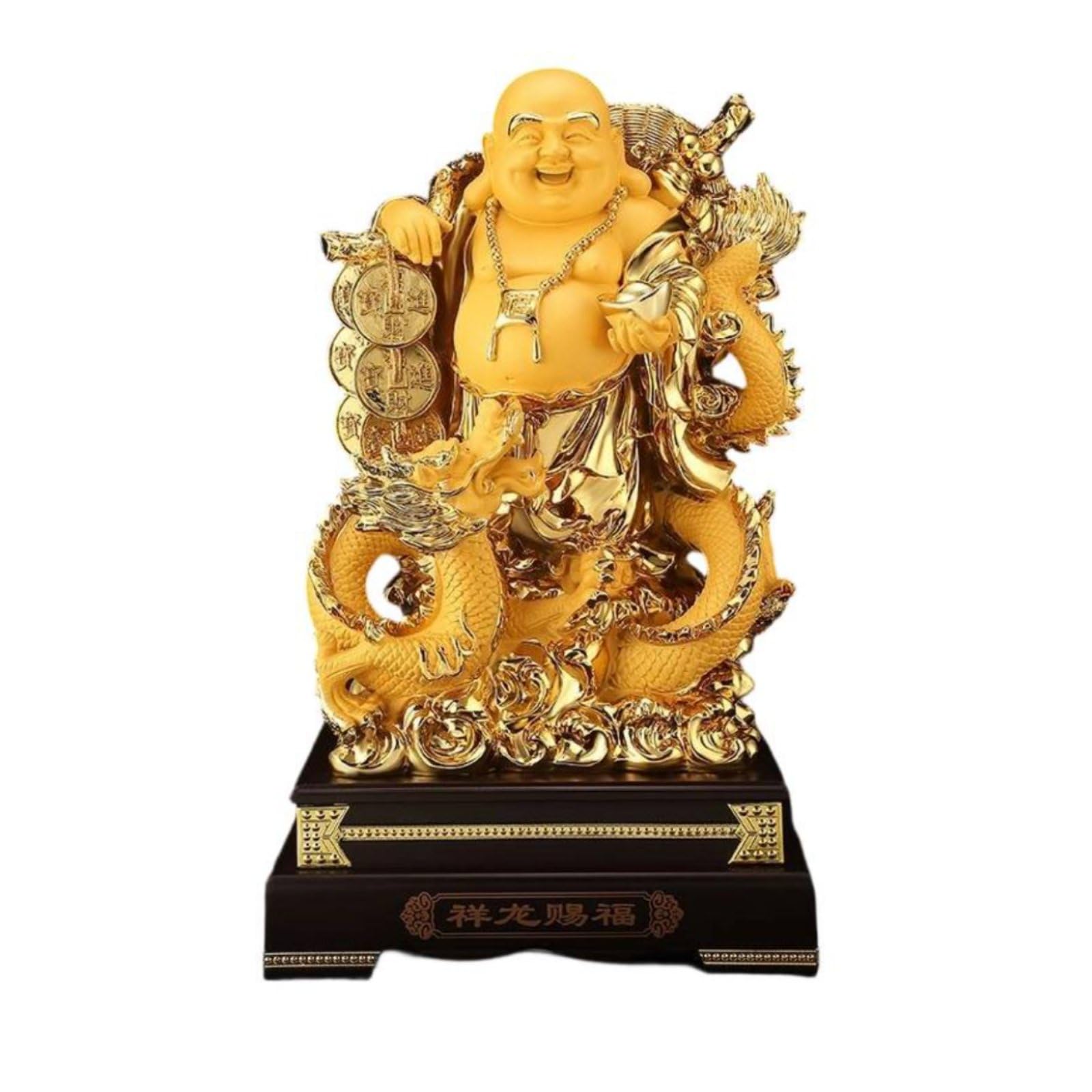 Buddha Statue Buddha Figur Buddha Skulptur Dekofiguren mit Schildkröte aus Harz in Goldoptik Symbol für Reichtum Und für Büro Zuhause, 24 Zoll, Glücksdrache Buddha Panlong Buddha, Sandgold