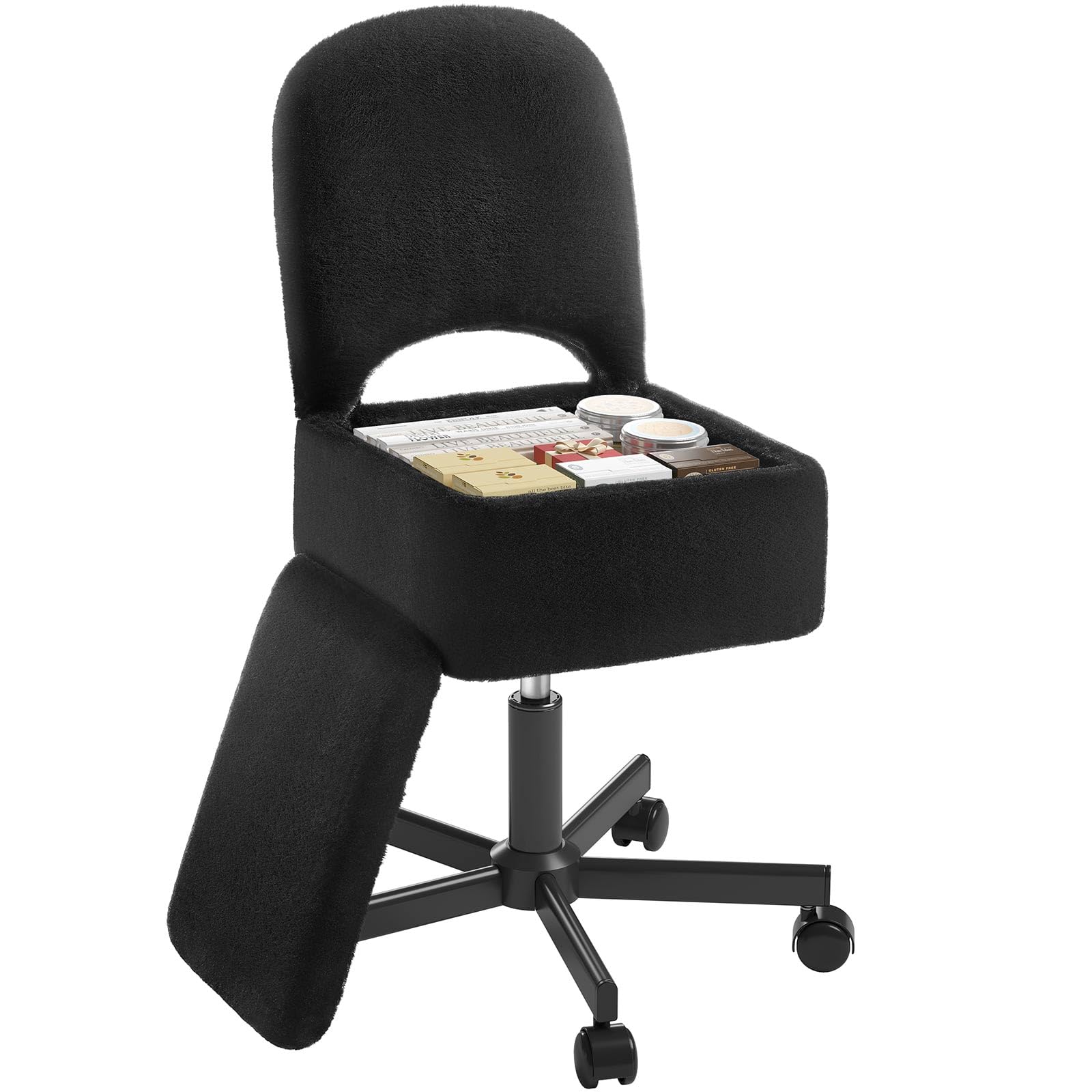 Rolanstar Schminktisch Stuhl mit Stauraum, Schminkstuhl, Höhenverstellbar, 360° Drehbar, Schreibtischstuhl mit Bequemer Klappbarer Rückenlehne, für Schminktisch, Schlafzimmer, Büro (Schwarz, Größe L)