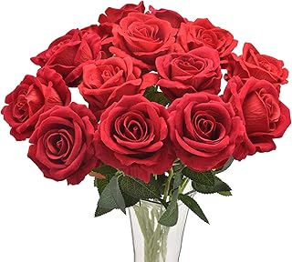 Avoik Artificial Flowers Rose Bouquet Red Fake Silk Flower Roses with Stem Realistic Rose Faux Flowers for Vase Wedding Pa...