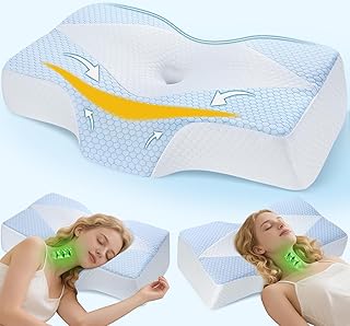 Nackenstützkissen Memory Foam, orthopädisches Kopfkissen gegen Nackenschmerzen, ergonomisches Nackenkissen mit 2 Höhen, kühlendem waschbarem Bezug, für Seiten- & Rückenschläfer