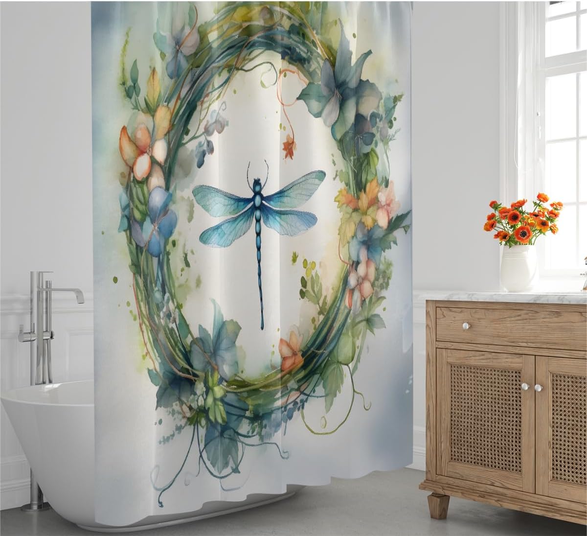 Shower Curtain with Hooks, Dragonfly Wreath Waterproof Polyester Fabric Shower Curtains 60" x 72" Machine Washable for Bathroom Bathtubs Decor Home