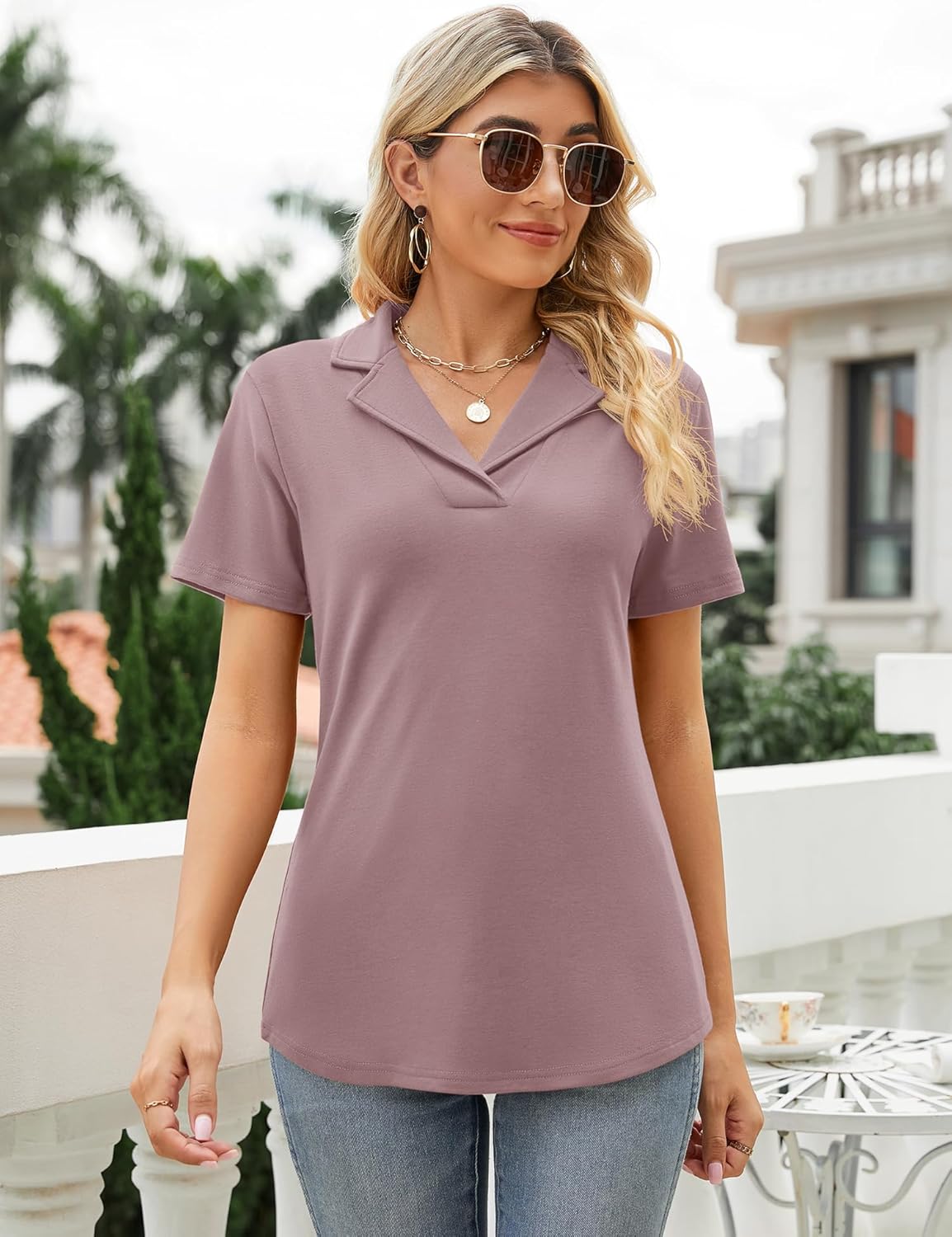 Rapbin Women's Polo Shirts Lapel Collar V Neck Short Sleeve Blouse Dressy Casual Tunic Tops - Image 4
