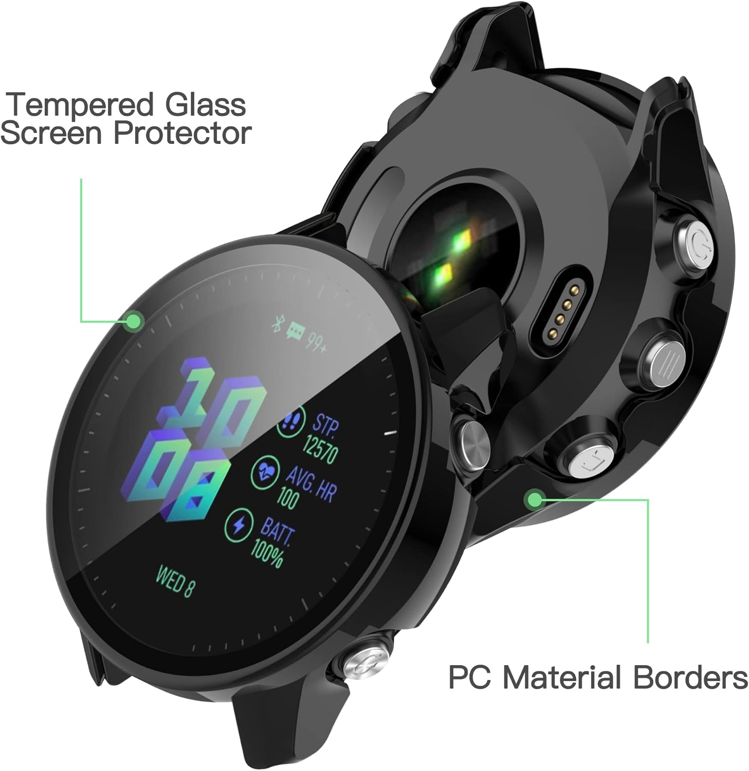 2 pack case compatible for garmin forerunner 955shock proof and shatter resistant hard pc case with tempered glass screen protector black