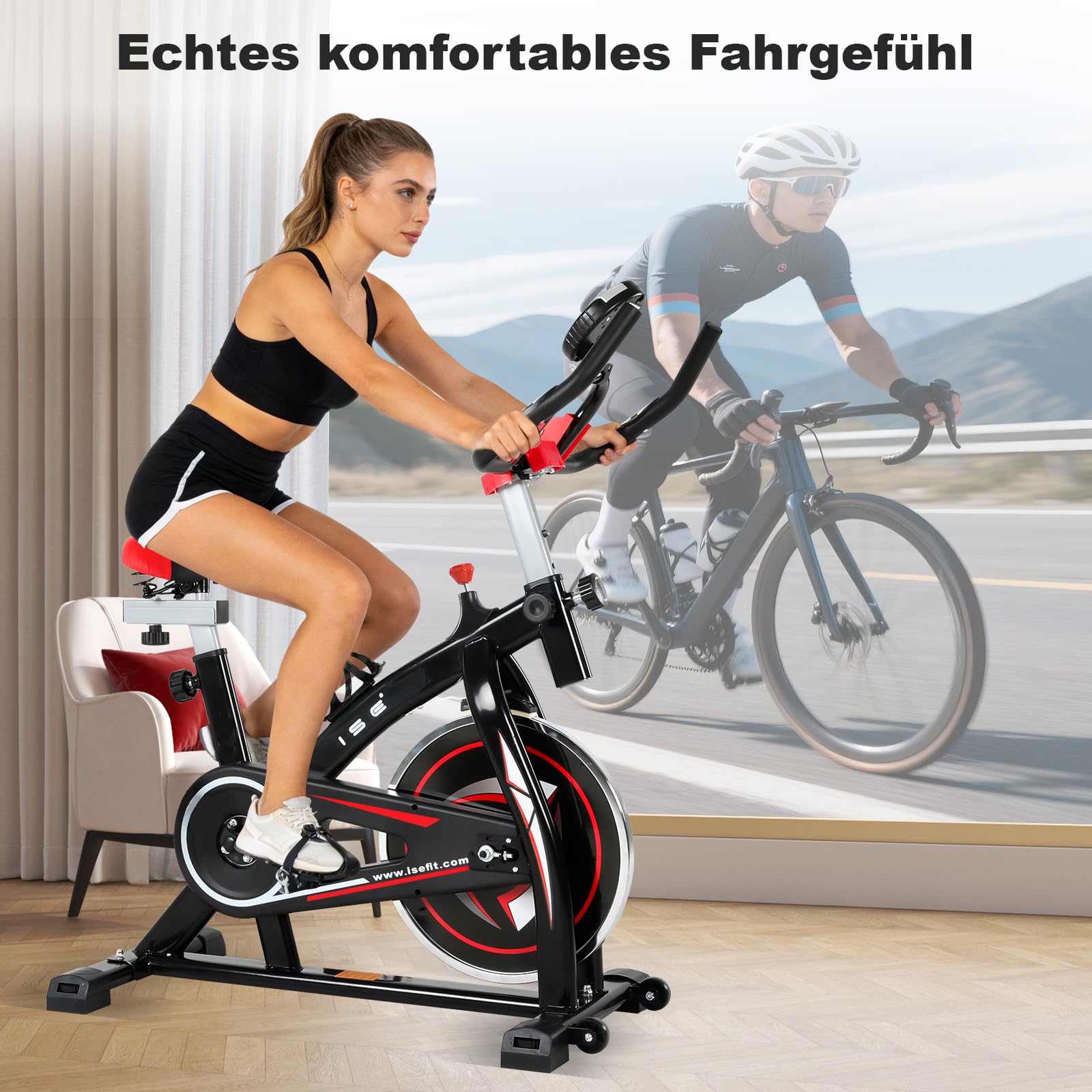 ISE Heimtrainer Fahrrad für zuhause mit LCD Display,Ergometer Fahrrad mit 8kg Schwungrad,Indoor Bike Fitnessbike Heimtrainer mit flüsterleise Riemenantrieb,Stationäres Fitnessbike für Zuhause