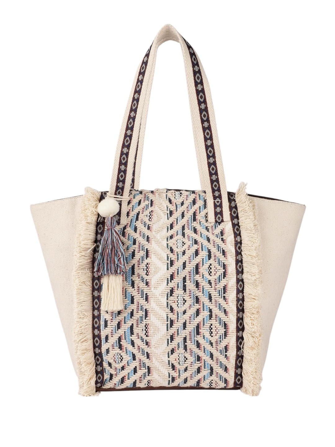 Bohemian Canvas Tote Bag, Geometric Pattern, Fringe Tassel Detail, Cream and Blue