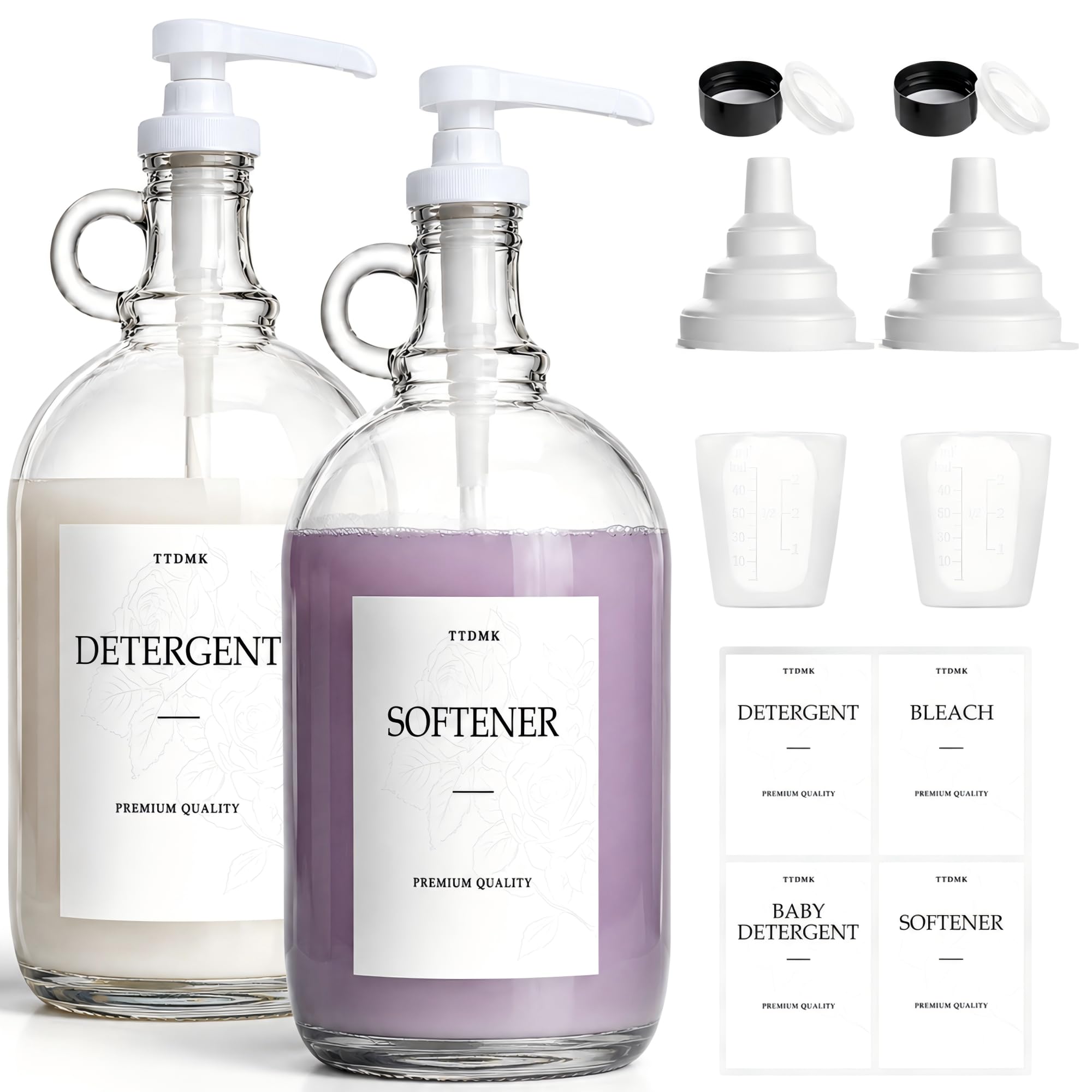 Flüssigwaschmittelspender aus Glas – 1 Gallone Weichspüler Flüssigspender für Waschküche (je 3,6 l), Waschseifenspender – inklusive Etiketten, Trichter und Messbechern, 2 Stück