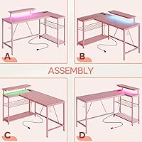 Vista 4 de Bestier Escritorio para juegos de 52 pulgadas con toma de corriente integrada y puertos USB, escritorio para computadora en forma de L con tira LED
