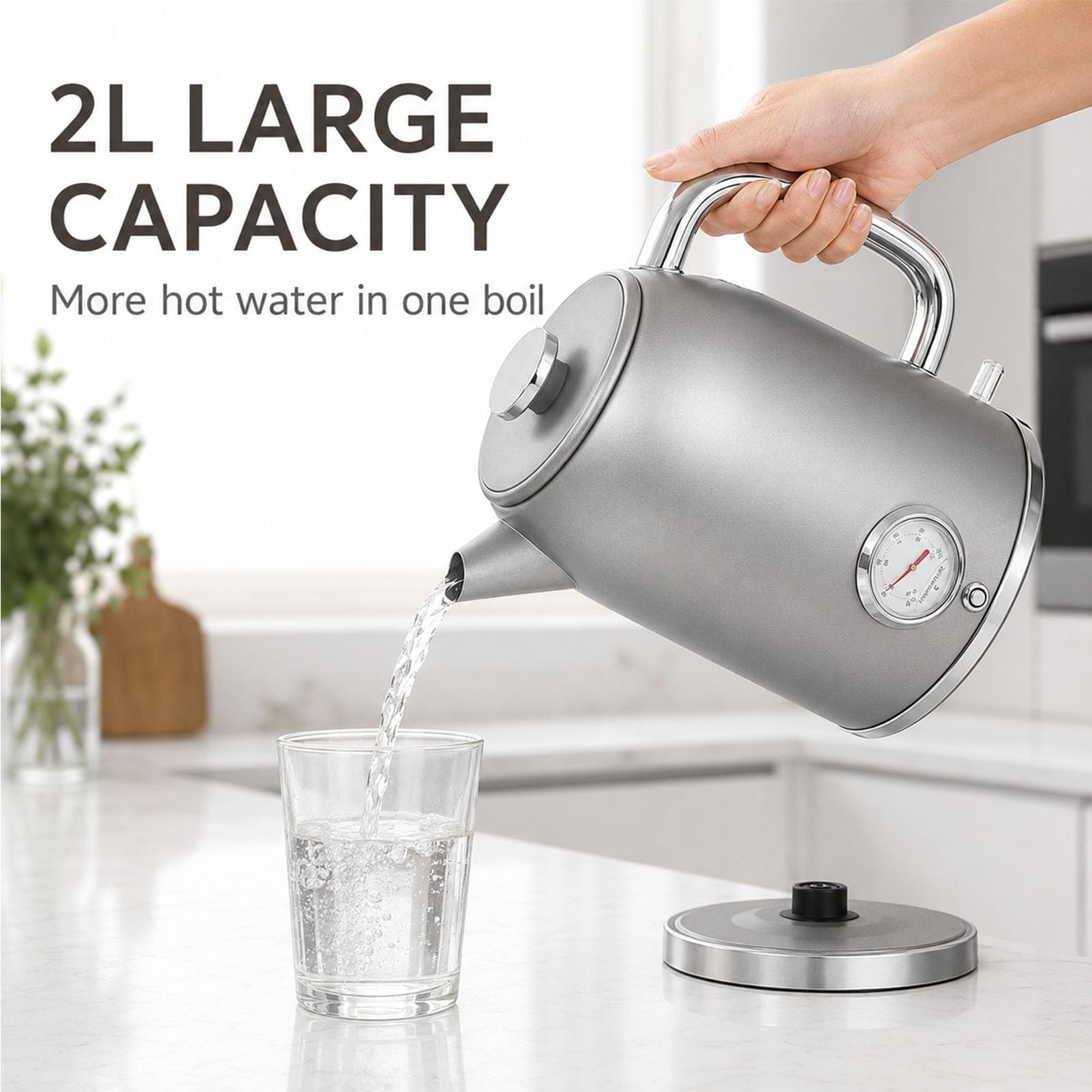 Czysty tytanowy czajnik elektryczny 2L do domu i biura Silver,22x25cm | Izolowany Elektryczny Czajnik do Herbaty z Automatycznym Wyłączaniem Duża Pojemność 2L