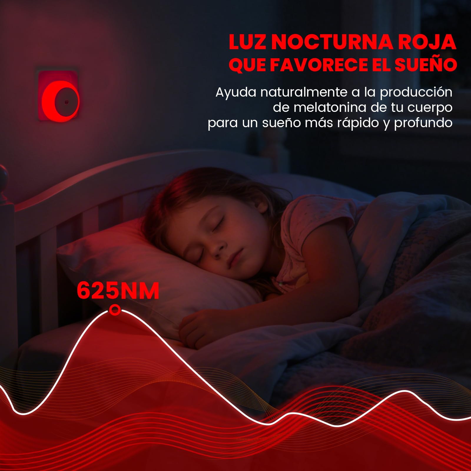 625nm Luz Roja Nocturna Enchufe Bebé, Luz Roja Nocturna Melatonina con Sensor Crepúsculo Auto On/Off para Babitación Infantil, Dormitorio, Cocina, Baño, Pasillo, Pack of 2