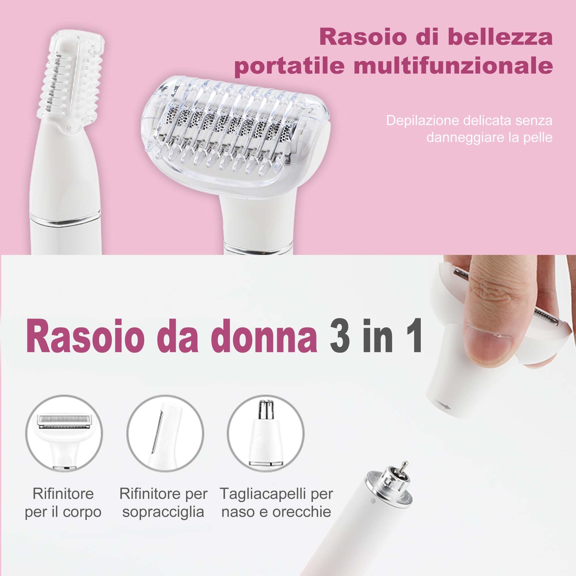 VGR 611 - Rasoio elettrico da donna 3 in 1, senza fili | Rasoio per peli del naso e del viso, ricaricabile, depilazione delicata per gambe, ascelle, bikini e viso
