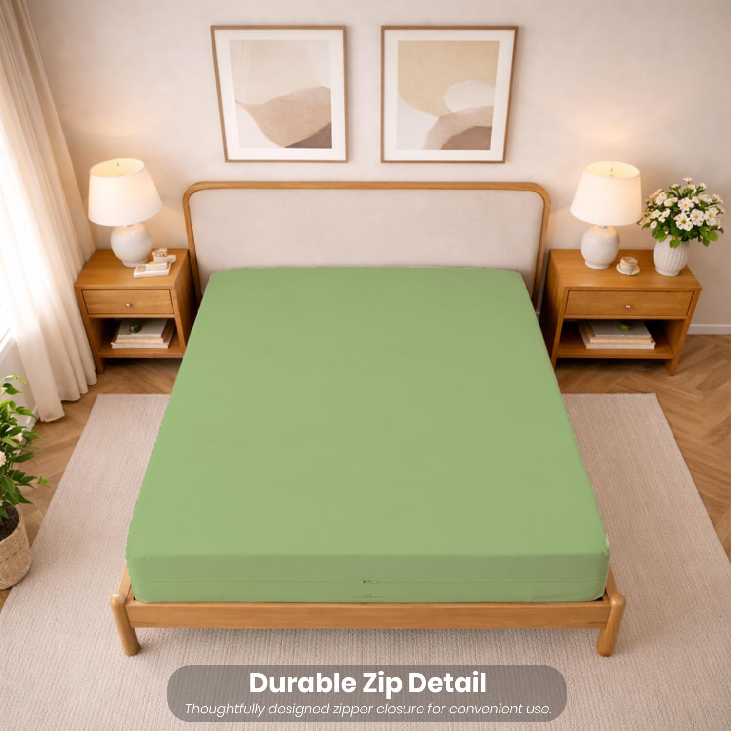 Queen Size Zipper Fitted Sheet 8 Inch Deep Pocket Mattress Cover - 1 Piece Zipper Fitted Sheet Only - 1000 Series Hotel Quality Brushed Microfiber Bottom Sheet Easy Care, Sage