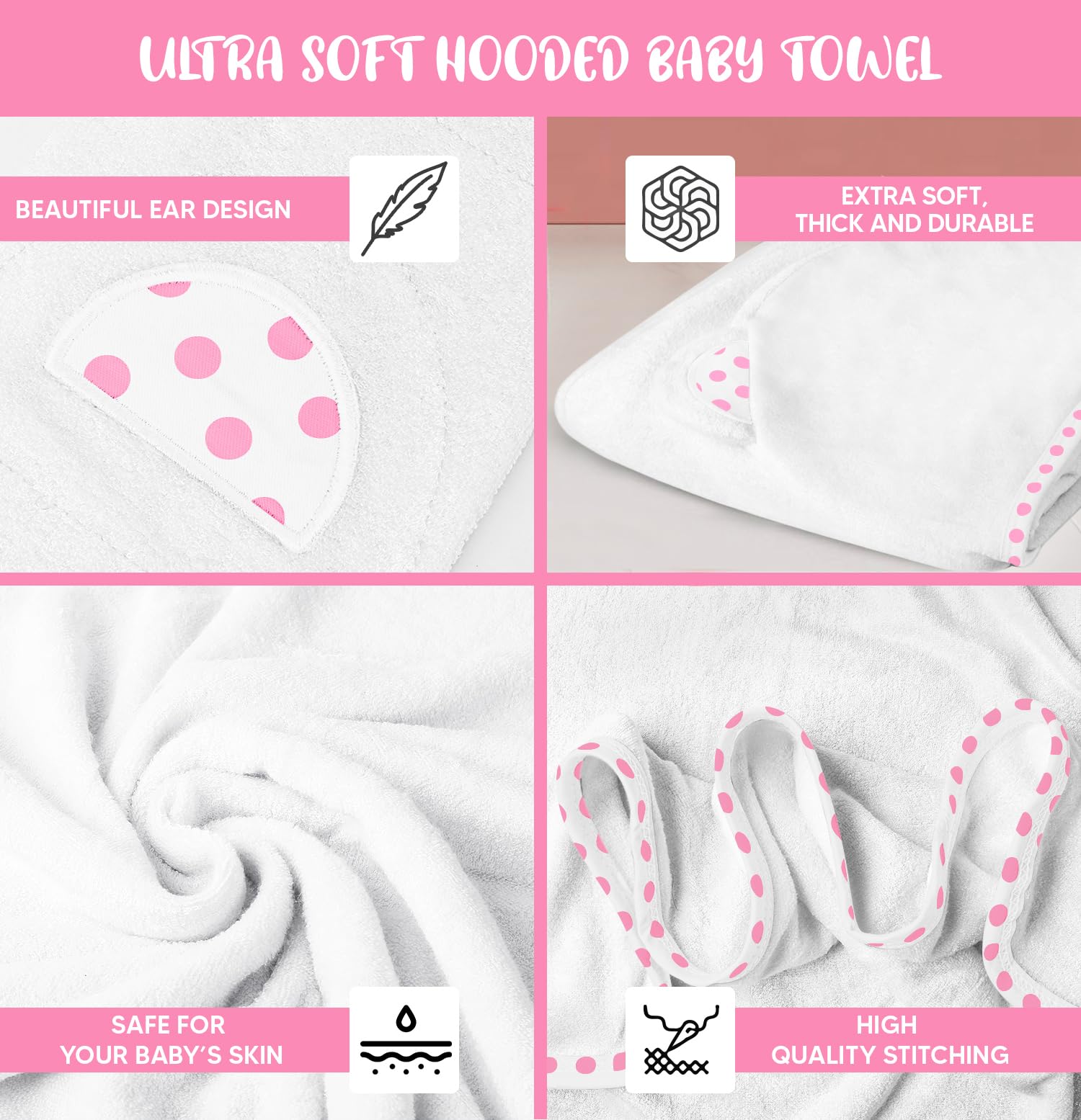 Hikyskin Set of 2 Bamboo Hooded Baby Towels – Luxurious, Large and Super Absorbent – 30 x 30 Inch – Soft and Suitable for Infants, Toddlers and Kids – 400 gsm (White and Pink)