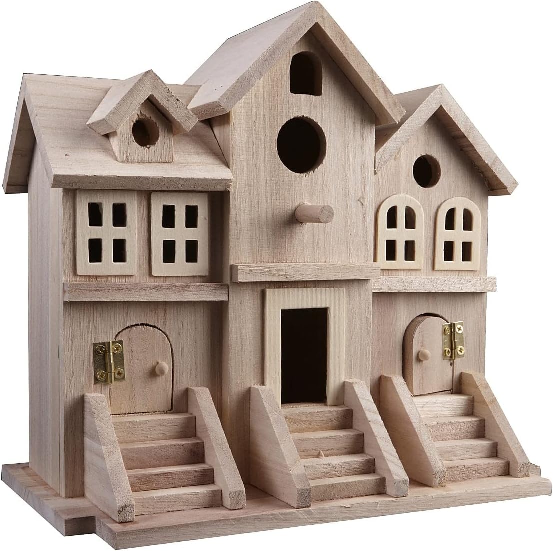 Make Market 9.5" Wooden Brownstone Birdhouse with Fence - Unfinished Birdhouse Made of 100% Wood- Bulk 6 Pack