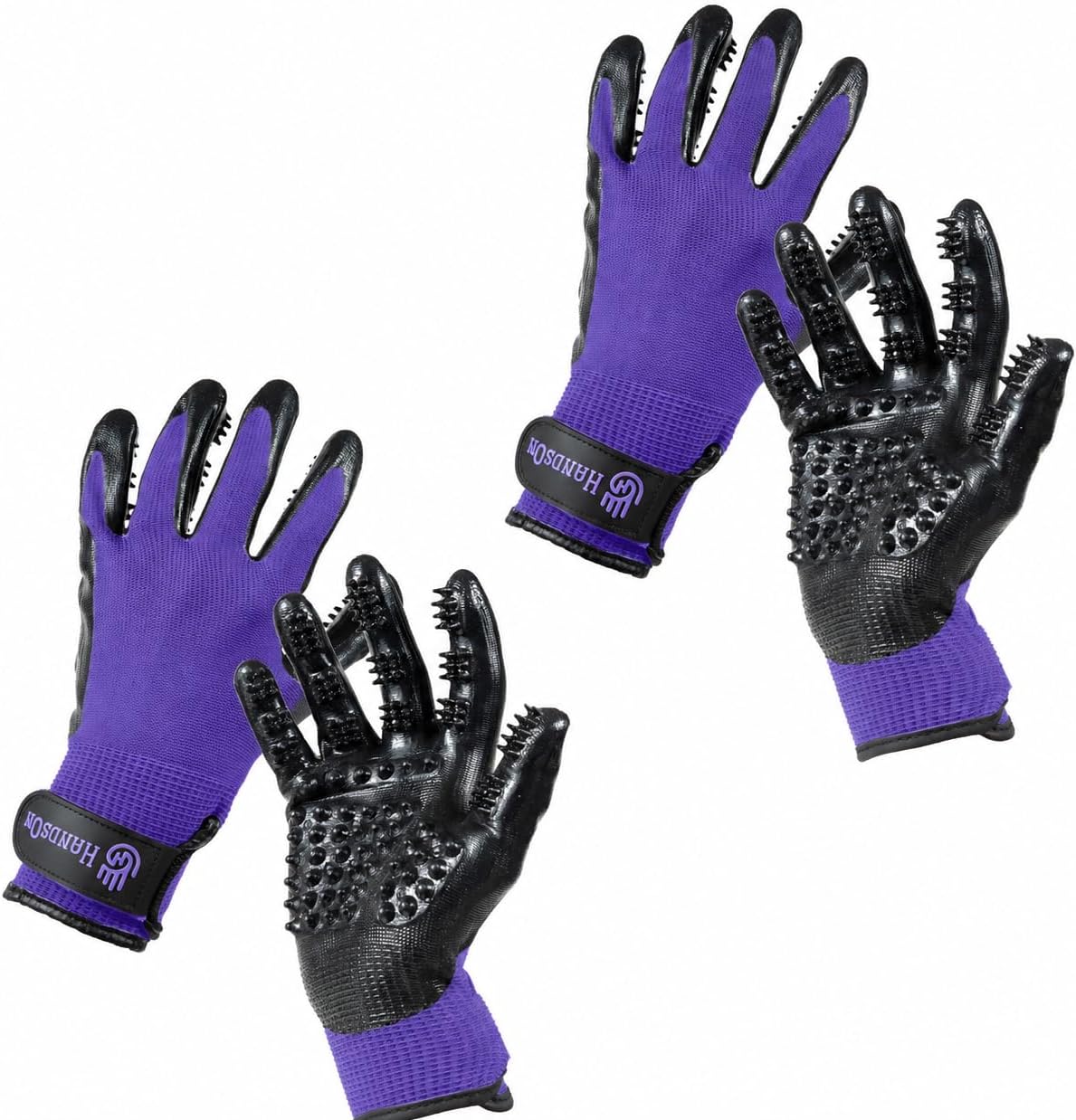 H HandsOn Pet Grooming Gloves - #1 Ranked, Award-Winning Cat, Dog & Horse Hair Remover Gloves - Bathing, Shedding & Massaging Tool - Gentle Brush for Long & Short Fur (2 Pairs, Purple, S & M)