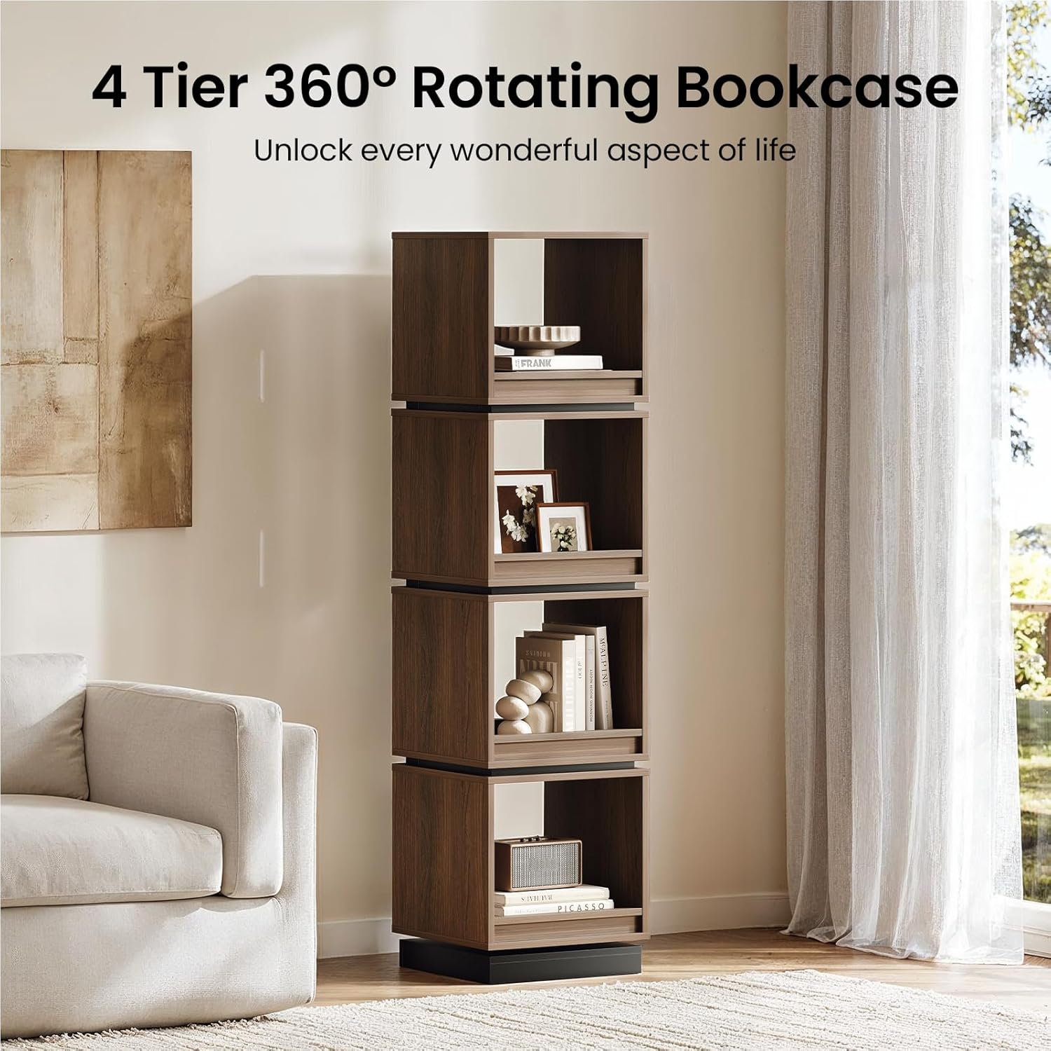 4-Tier Rotating Bookshelf Tower, 360° Spinning Wood Narrow Tall Book Shelf Organizer, Modern Geometric Storage for Sapce Saving, Revolving Bookcase for Living Room, Bedroom, Home Office