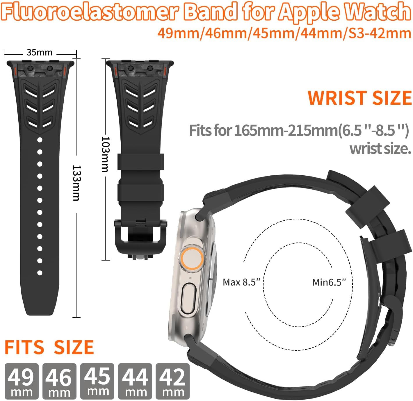 Band for Apple Watch 46mm 49mm 45mm 44mm Carbon Fiber Inlay Fluoroelastomer (FKM) Sport Wristband Sweat-proof Strap for Men's iWatch Series 11/10 9 Ultra 3/2/1 SE 8 7 6 5 4 3 2 1 Band 42mm (Black)