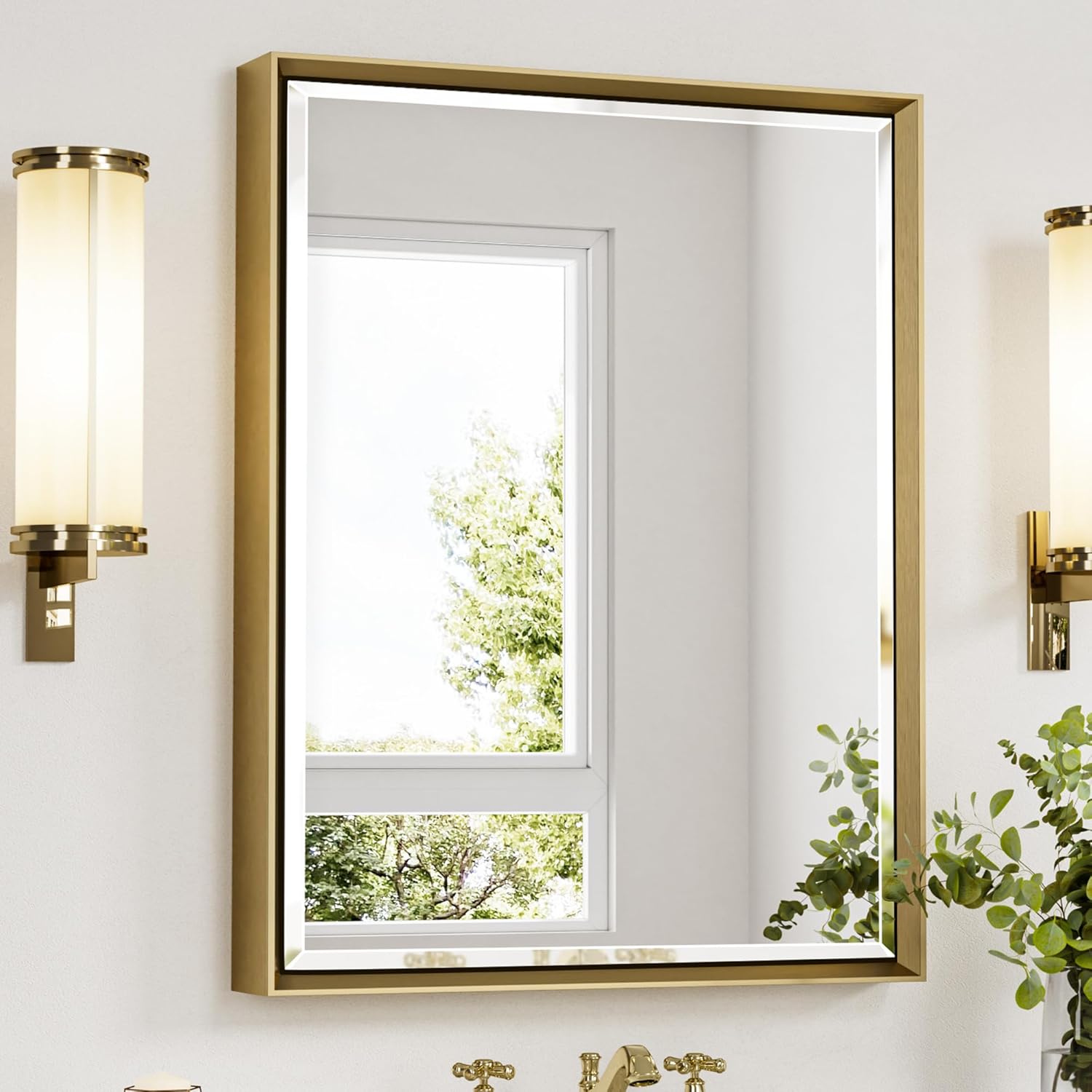 Gold Bathroom Mirror, 24x32 Brushed Gold Bathroom Mirror Beveled Edge, Gold Framed Rectangle Bathroom Vanity Mirror, Anti-Rust Brushed Brass Metal Frame Wall Mirror Vertical/Horizontal Brushed Gold 24x32IN