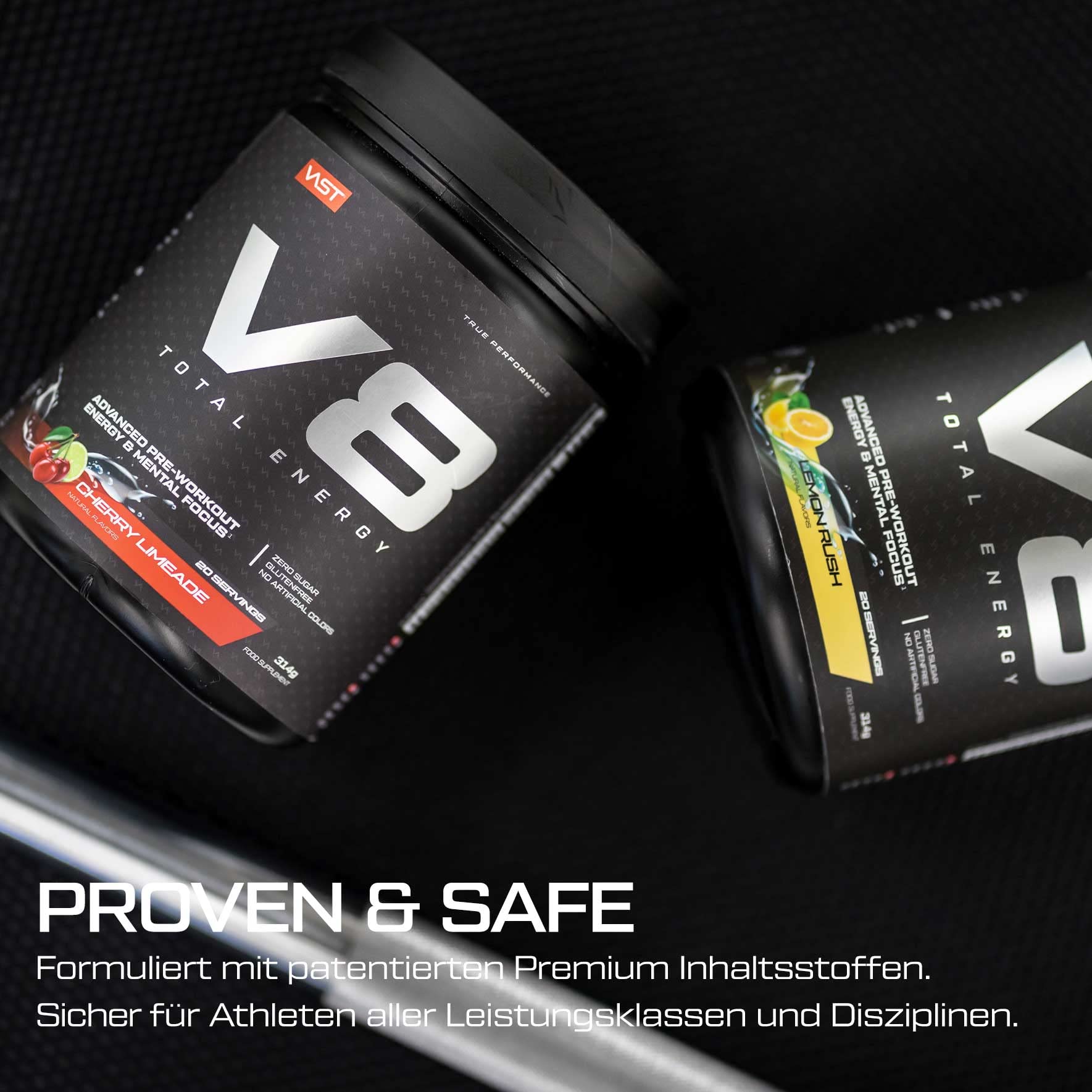 V8 Total Energy – Pre Workout Booster – Trainingsbooster – CarnoSyn®, BetaPower®, natürliches Koffein – Vegan – Zuckerfrei – 20 Portionen – Made in Germany – Sour Apple