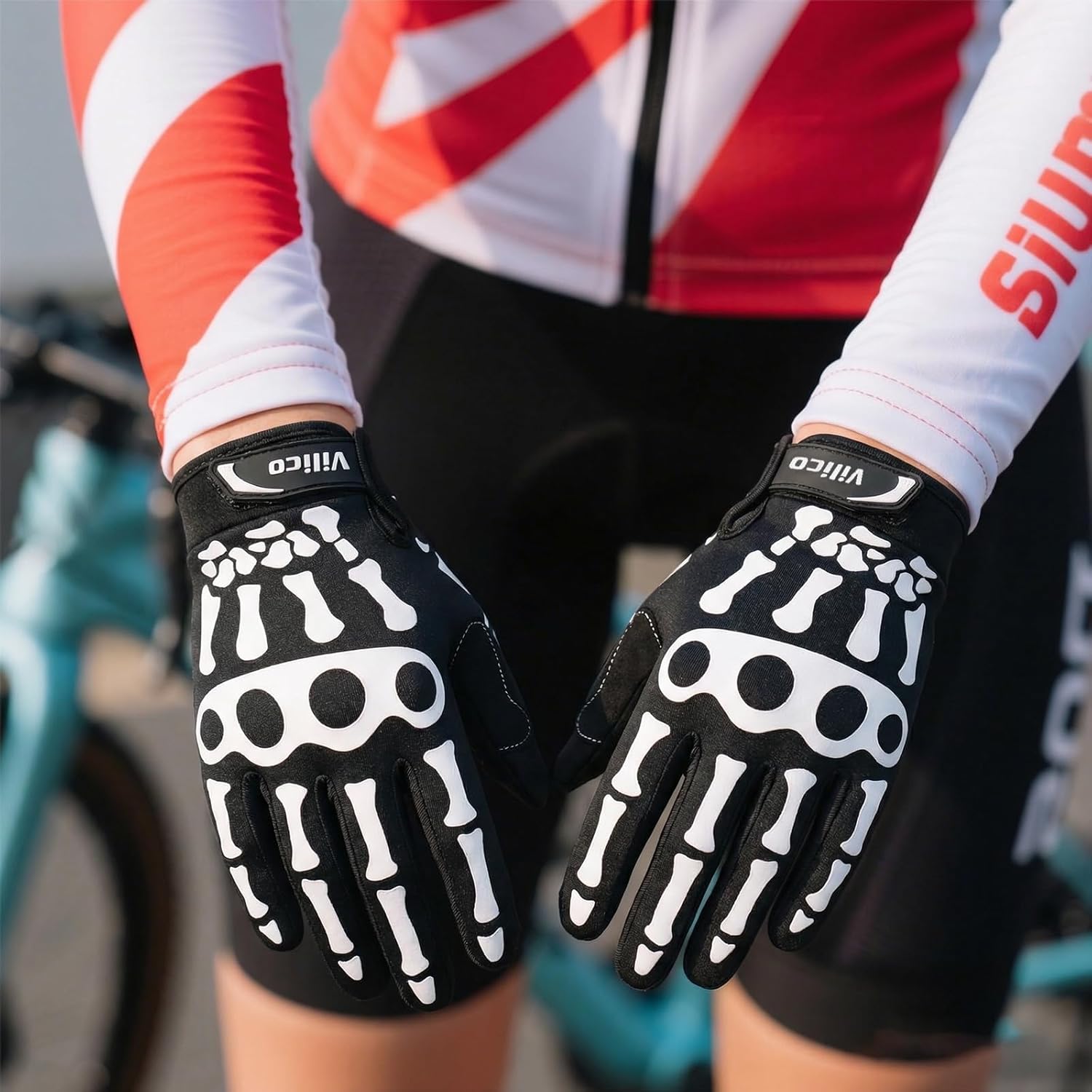 Skeleton Cycling Gloves for Men & Women - Full Finger Riding Gloves with Non-Slip Palm, Edgy Skull Pattern for Motorcycle, Biking, Halloween Costume | Comfortable Black & White Design - Image 7