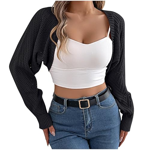 Women's Y2K Bolero Shrugs Long Batwing Sleeve Knitted Cropped Cardigan Fashion Crochet Hollow Out Cardigan Sweaters - Black - Large