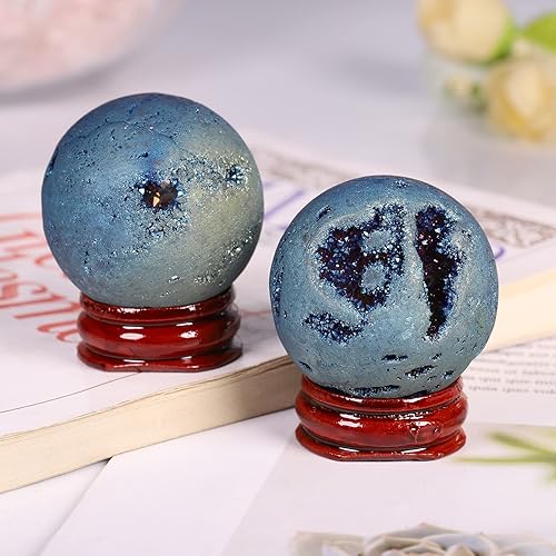 Miniatura 2 de Cheungshing Angel Aura - Esfera de geoda drusa de cuarzo con base de madera, esfera de ágata de cuarzo con revestimiento de titanio, estatua de