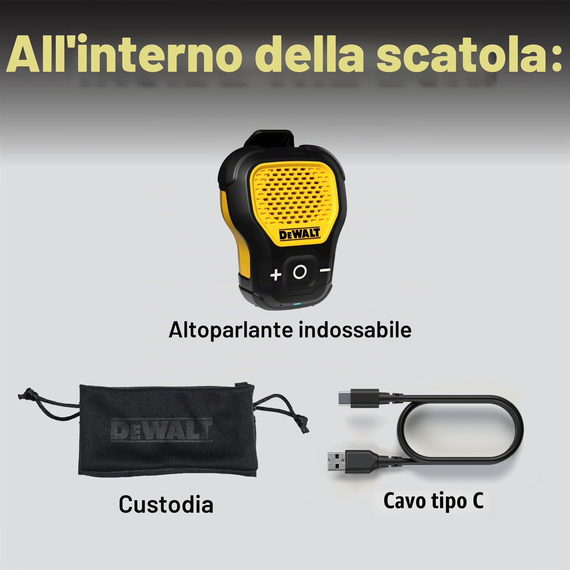 DEWALT Altoparlante Bluetooth indossabile (versione aggiornata), altoparlante portatile impermeabile senza fili, con clip, microfono integrato per musica/chiamate in vivavoce, altoparlante Bluetooth
