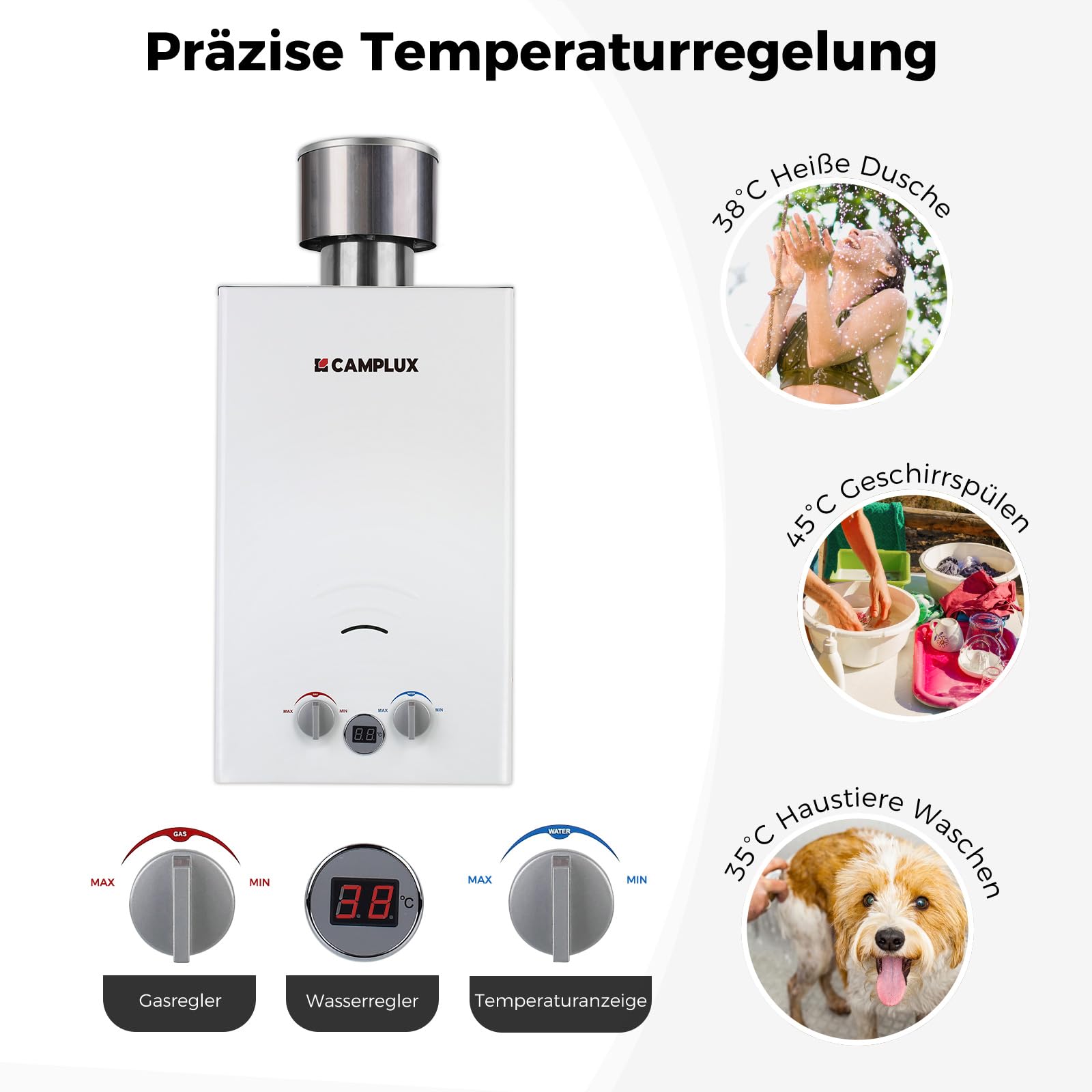 CAMPLUX BW264C-DE 10 Liter Gasdurchlauferhitzer mit Regenkappe, 50mbar Tankless Outdoor-Instant-Gasdusche für Pferd Waschen Camping RV Reise