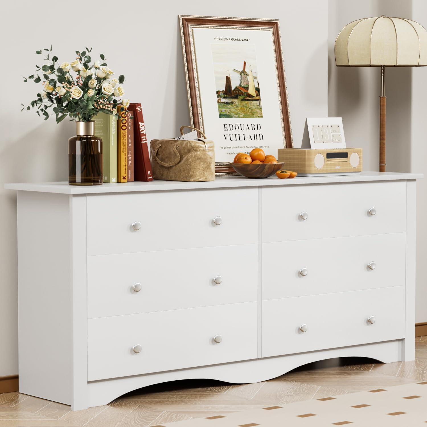 White Wood Dresser with 6 Drawers & Curved Base