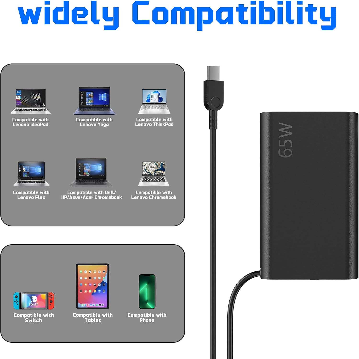 QFA 2025 New Slim Replacement for 65W Lenovo Laptop Charger USB C Compatible with Lenovo ThinkPad/Yoga/Chromebook Laptop Computer Type C Fast Power Adapter