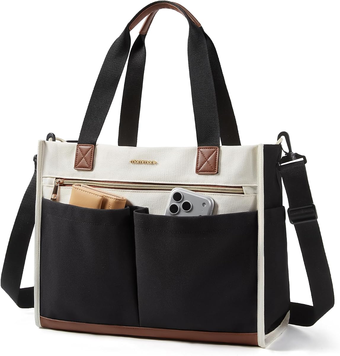 mommore Bolsa de pañales de lona Bolsa elegante para el hospital de mamá y bebé | Bolsillos aislados, correas para cochecito y cambiador portátil, gran capacidad para el parto