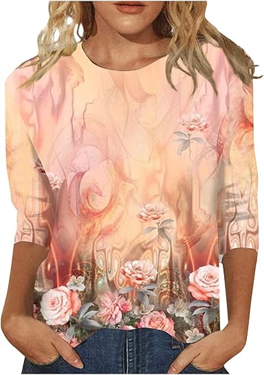 HTHLVMD Womens 3/4 Length Sleeve Tops 2025 Fall Fashion Floral Print Crewneck Causal Trendy Tunic Tops for Women