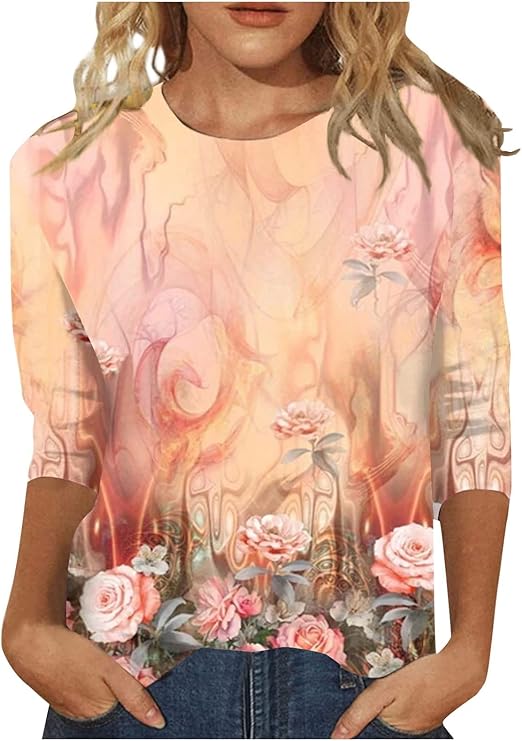 HTHLVMD Womens 3/4 Length Sleeve Tops 2025 Fall Fashion Floral Print Crewneck Causal Trendy Tunic Tops for Women
