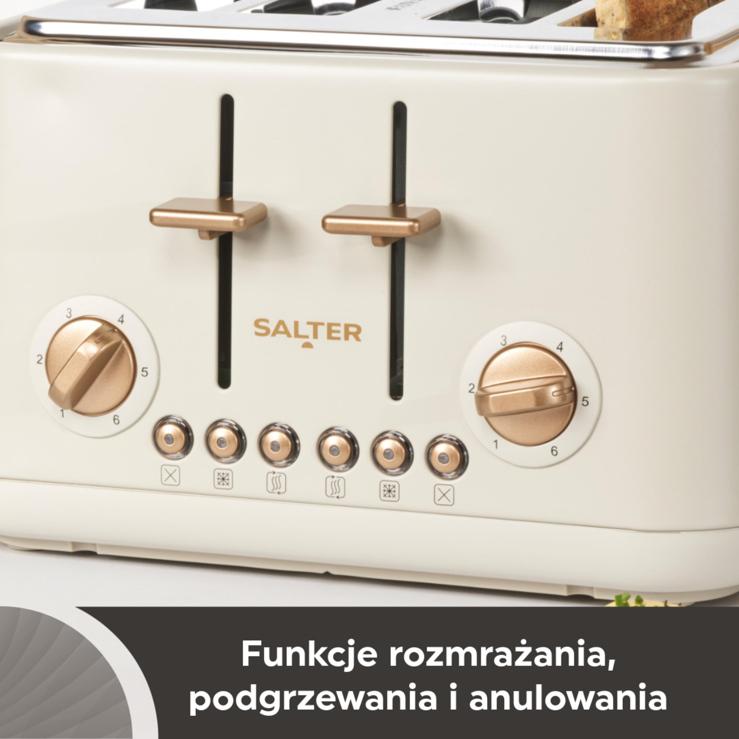 Toster Salter Pebble na 4 kromki – Szerokie otwory z wysokim podnoszeniem, 6 poziomów opiekania, wyjmowana tacka na okruchy, funkcje rozmrażania/podgrzewania/anulowania, kolor kamienny