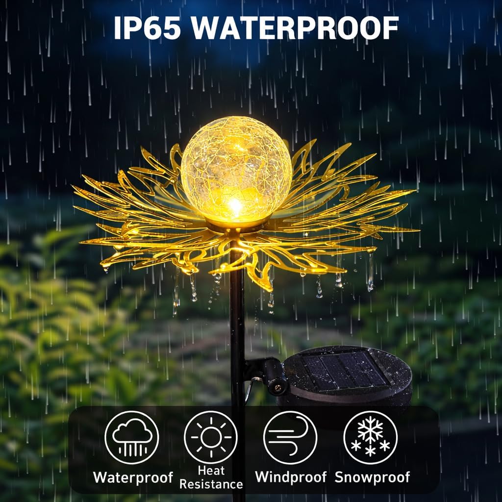 Solar Garden Lights Outdoor Decor, Metal Flower Stake Light with Warm White Crackle Glass Globe, Waterproof Decorative Solar Yard Art for Patio Lawn Backyard Pathway, Gardening Gift, Gold
