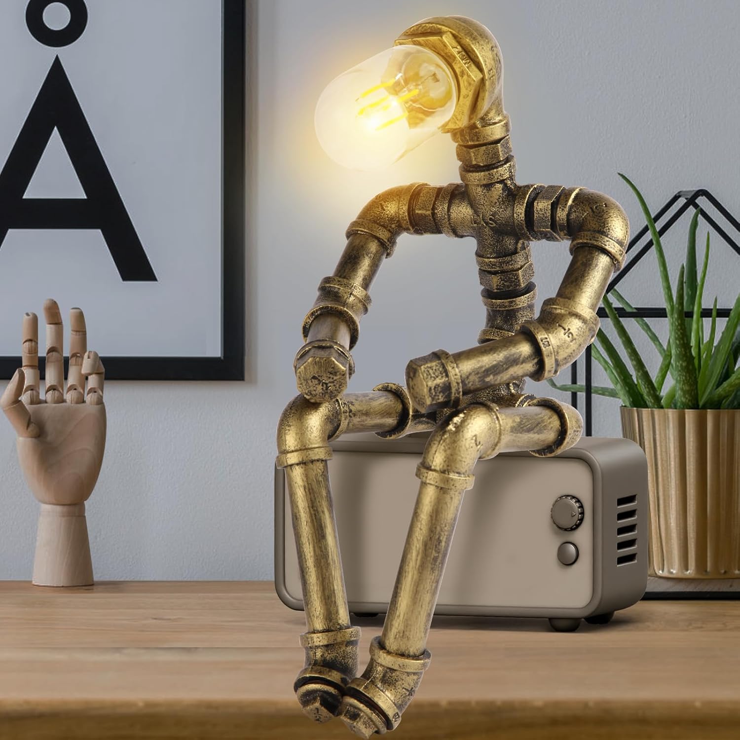 Steampunk Decor Table Lamp for Men Unique Creative Robot Style Desk Lamp,Vintage Industrial Metal Pipe Water Pipe Light, Home Decor Ideal for Bedrooms,Study. (Bronze B)