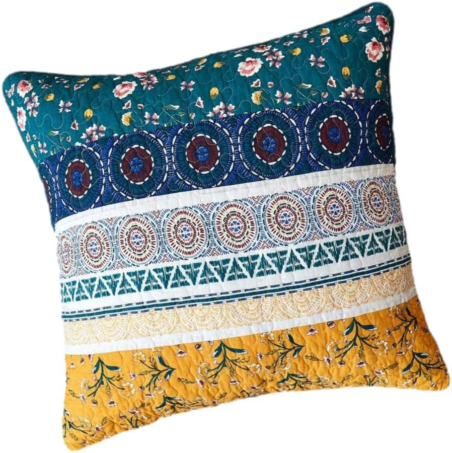 DaDa Bedding Cotton Bohemian Floral Euro Pillow Sham Cover - Patchwork Bed of Wild Flowers Gardenia Botanical - Vibrant Striped Green Blue Yellow Colors - 26" x 26" -1-Piece
