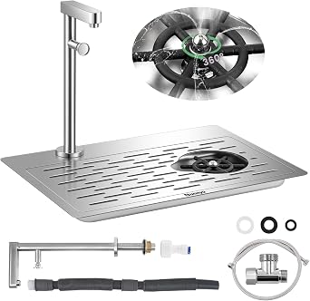 Huanyu Pitcher Rinser with Faucet | 360 Degree Rotating High-Pressure Nozzle | Stainless Steel Glass Rinser with Drain and Drip Tray | Funnel Shaped Sink | 18.119.0511.82 in