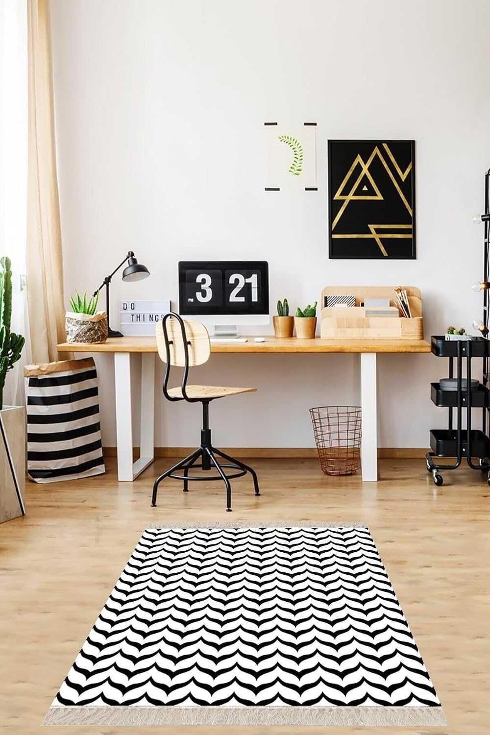 Pelangi Geometrik Desenli Dijital Baskı Yıkanabilir Kaymaz Taban Modern Desen Salon Halı, Siyah-Beyaz 180 x 300