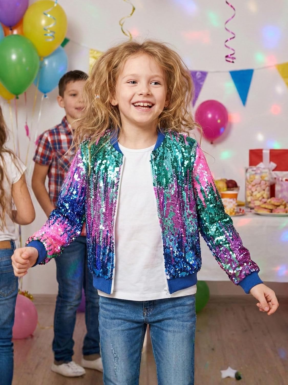 WELAKEN Girls' Ombre Sequin Bomber Jacket with Pockets Lightweight Sparkle Long Sleeve Zipper Gradient Jackets for Kid