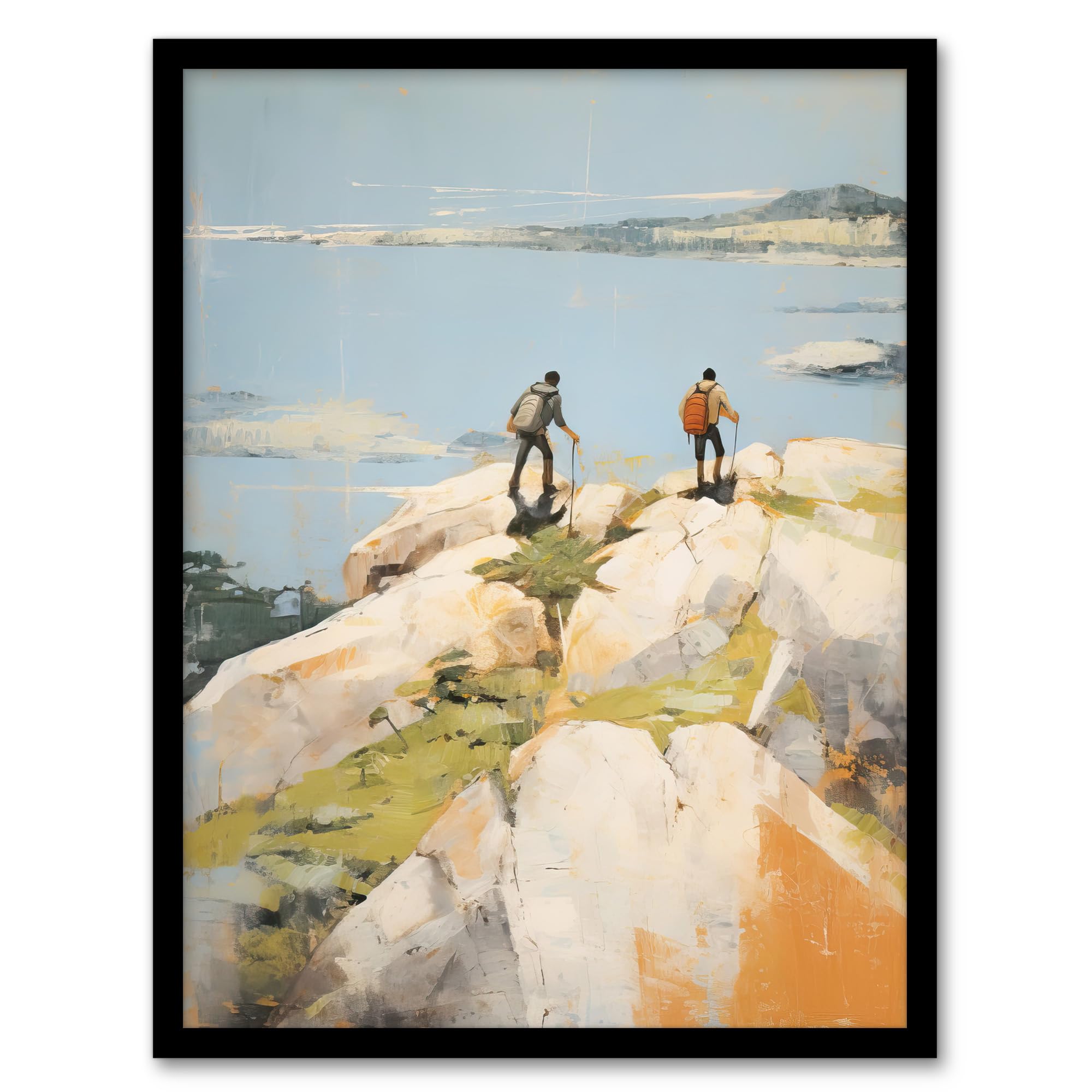 Artery8 Hikers Reach The Summit At Last Oil Painting Hiking Coastal Cliff Landscape Artwork Framed Wall Art Print 18X24 Inch