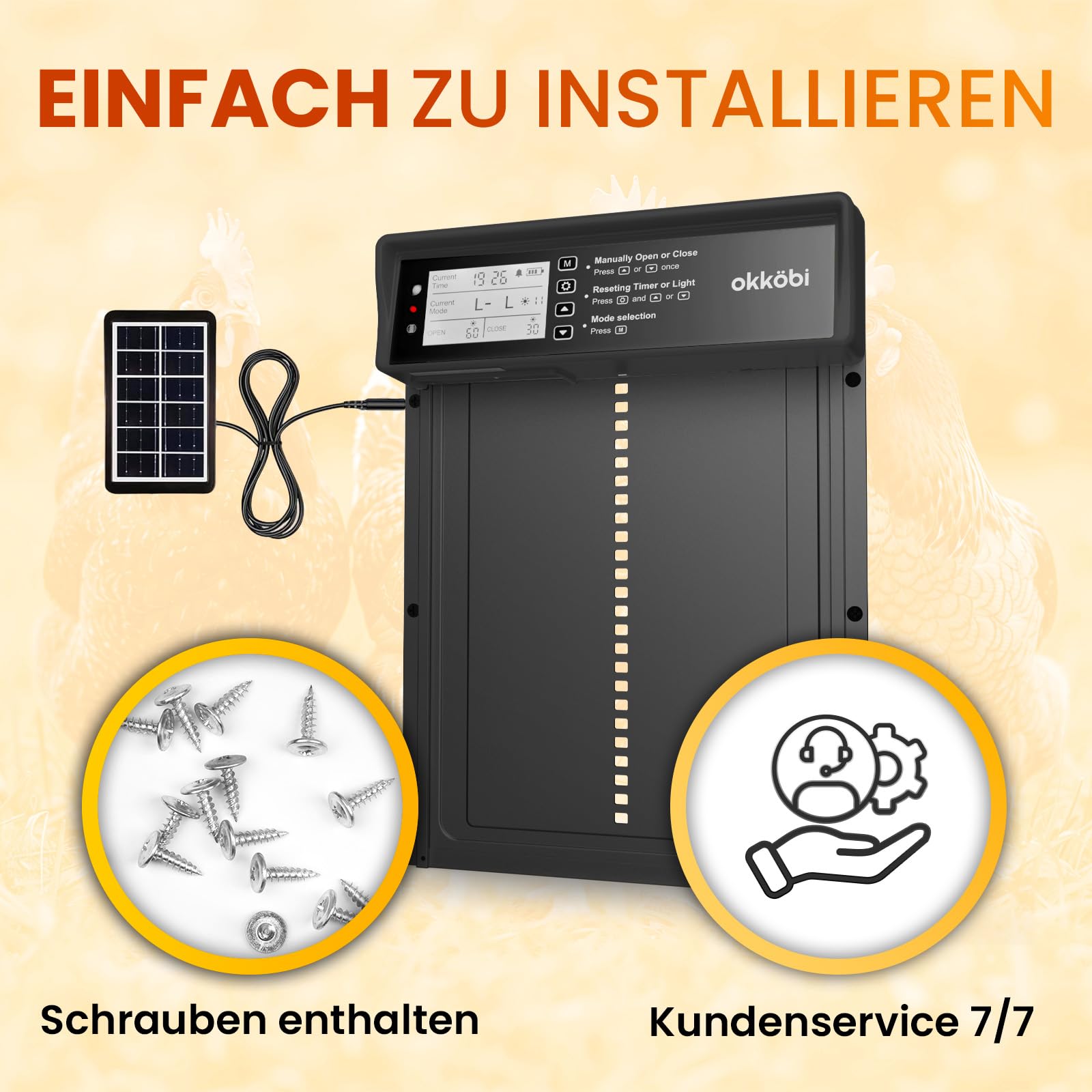Okkobi Hühnerklappe Automatisch Solar - LCD Display - Automatische hühnerklappe mit Fernbedienung, Lichtsensor & Timer - Sicherheit & Seelenfrieden: Sicherheitsmechanismus - 5 Jahre Schutz