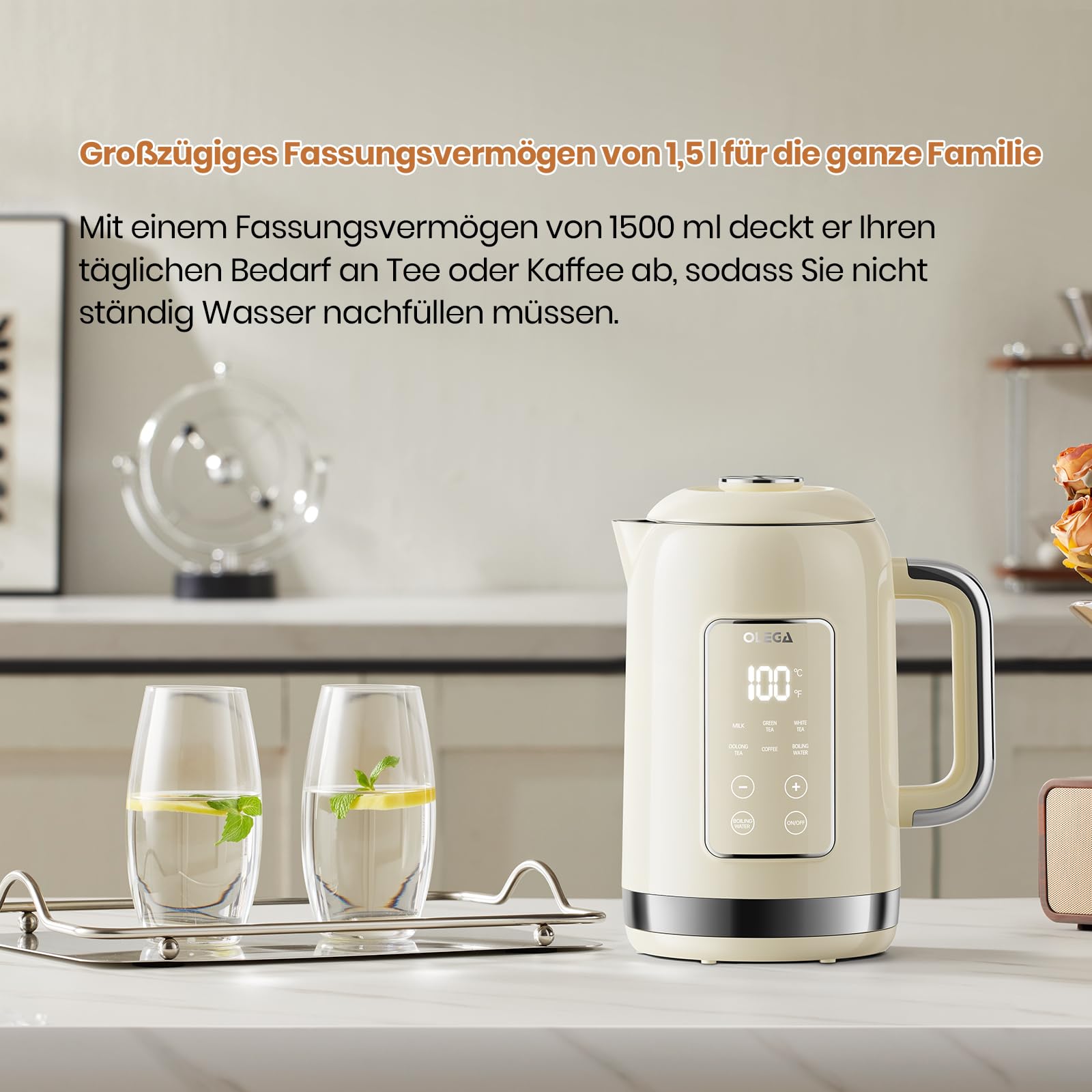OLEGA Wasserkocher: 1800 W Wasserkocher mit Temperaturregelung, 1,5 l Fassungsvermögen, Edelstahl, Smart Kettle, ideal für Kaffee und Tee, Beige