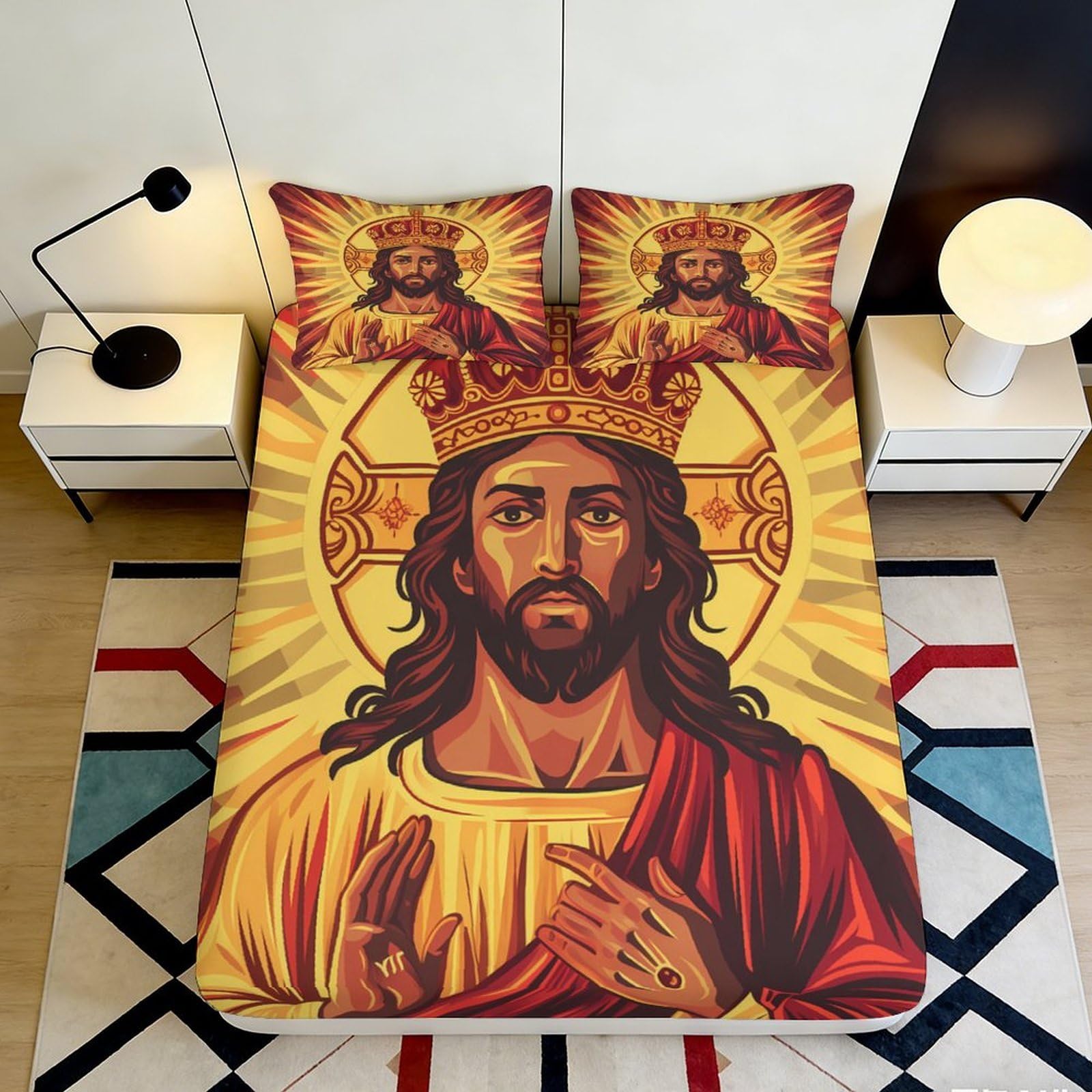 3D Printed Sacred Halo Fitted Sheet Microfiber Golden Religious Icon Mattress Cover Bedroom Dorm Decor 90x200x25cm