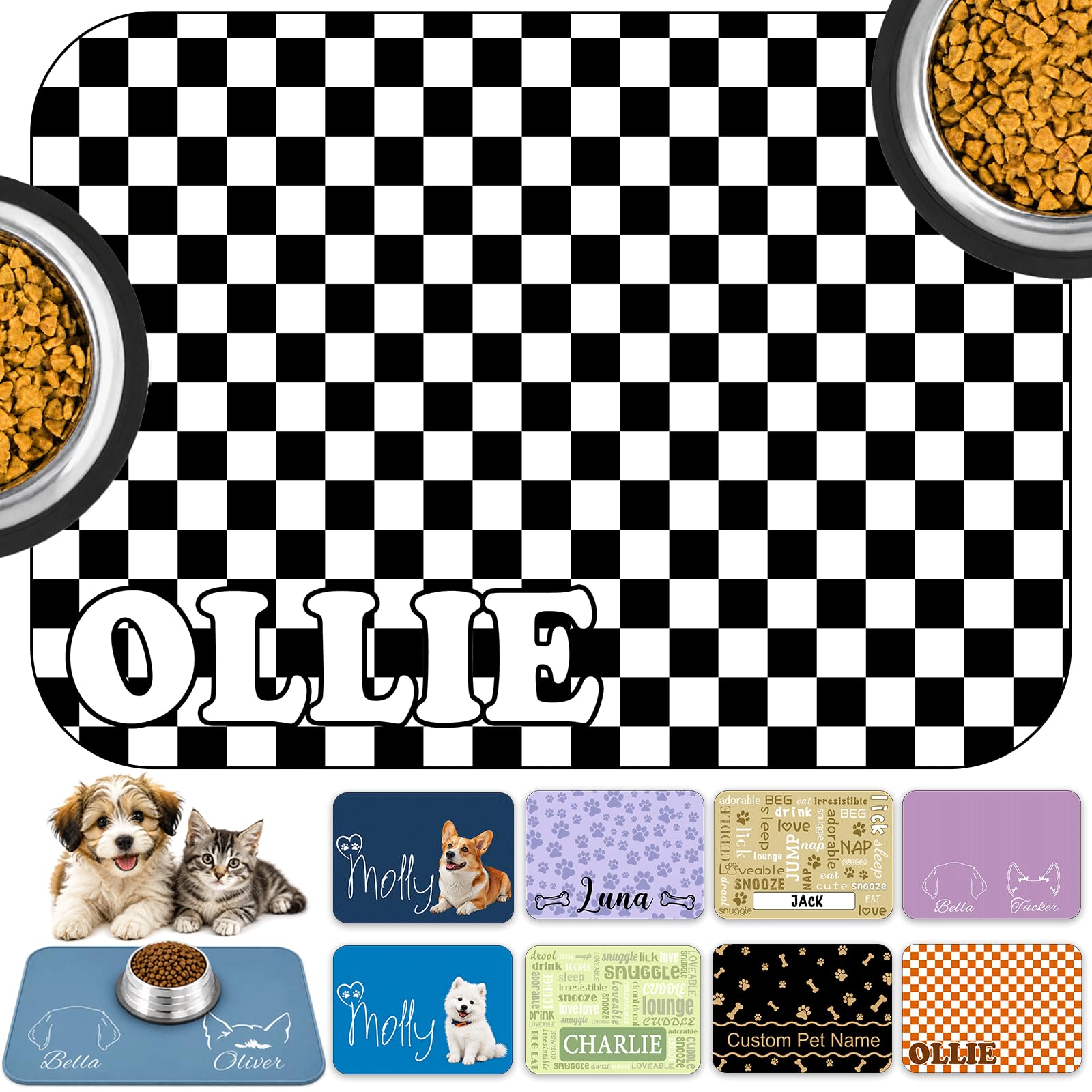 Personalized Dog Cat Food Mat Custom With Name Text Floor Grid Pet Placemat